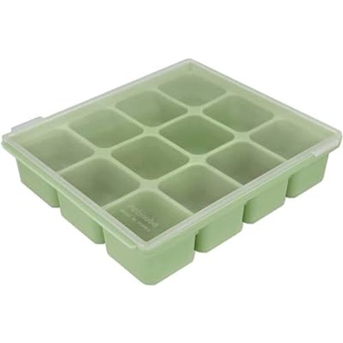 Silicone Freezer Tray, Baby Food Storage Cubes with Clip-On Lid, Freeze Baby Food, Soups, Purees, Ice, Easy and Safe Design, Made in Korea (12, Celadon Green)