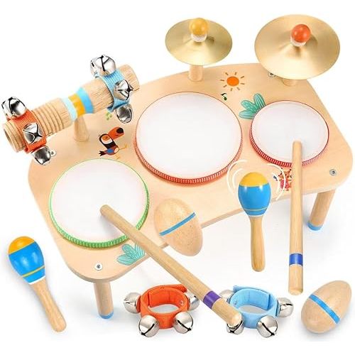 WINGYZ 11-in-1 Toddler Drum Set-Wooden Baby Musical Instruments for Toddlers 1-3 & Montessori Musical Toys,Music Table with Bongo Drums, Cymbals, Maracas & Wrist Bells for Early Rhythm Play