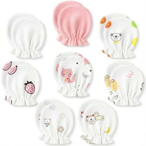 8 Pairs Newborn Baby Mittens No Scratch, Cotton Infant Baby Gloves Newborn Essentials for 0-6 Months