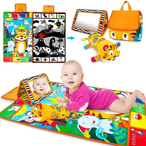 Inbeby Tummy Time Toys,3-in-1 Tummy time Mat & Baby Mirror & Pillow- High Contrast Black and White Baby Toys for Early Education,Newborn Infant Activity Mat Set for 0 3 6 12 Month