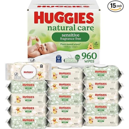 Huggies Natural Care Sensitive Baby Wipes, Unscented, Hypoallergenic, 99% Purified Water, 15 Flip-Top Packs (960 Wipes Total)