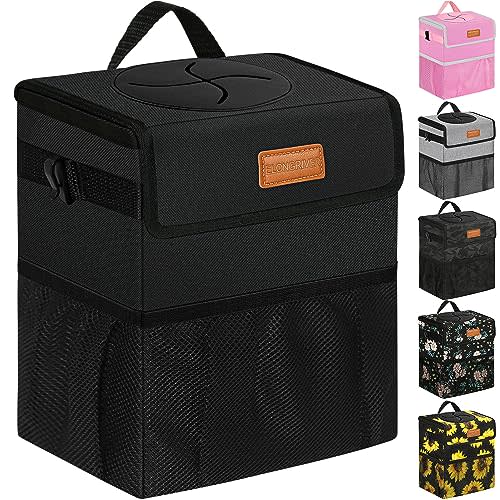 ELONGRIVER Leak Proof Car Trash Can with Lid Large Black | 3 Gallon Hanging Cute Car Trash Bag Bin for Car Auto Vehicle Sedan SUV Car Accessories Interior for Men Women