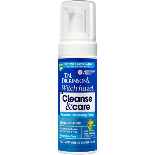 T.N. Dickinson's Witch Hazel Cleanse & Care Personal Cleansing Foam, Fragrance Free (5 Fl Oz) | Toilet Paper Foam | Instant Wet Wipe Alternative | Gentle, Septic-Safe Formula