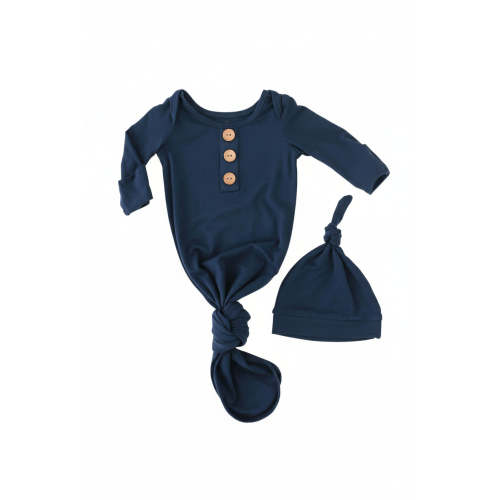Solid Dark Navy Bamboo Baby Knot Gown & Hat
