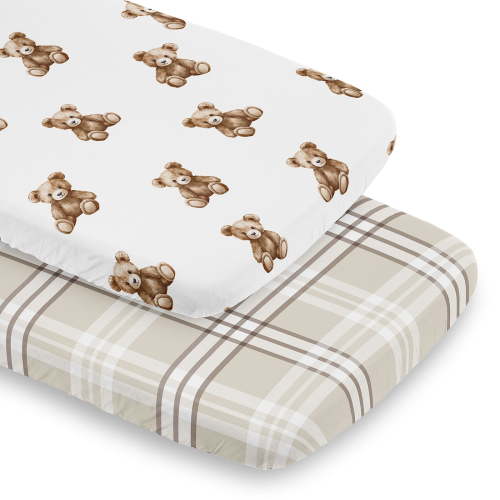 Sweet Jojo Designs Boho Teddy Bear & Plaid Boy, Girl, Unisex/Gender Neutral Baby Bassinet Fitted Sheets Set 2 Piece