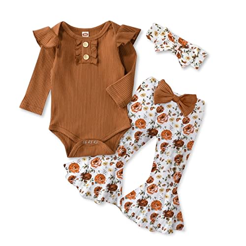 Kislio Newborn Baby Girls Clothes Ribbed Ruffled Romper+Floral Pants+Headband Infant Outfit Set