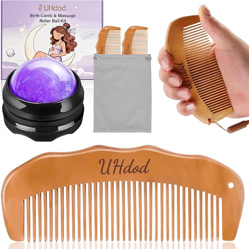 UHdod Birthing Comb & Massage Roller Ball 3 Kit, Wooden Labor Comb Natural Labor and Delivery Essentials, Pregnancy Hospital Bag Essentials, Women Pregnant Mom Gifts for Labor Pain Relief Acupressure