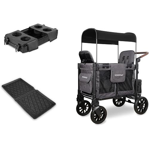 WonderFold W2 Luxe Pro Bundle - 2-Seater Stroller Wagon with All-Weather Floor Mat and Flex Snack Tray, Safety-Certified with 5-Point Harnesses - Gray