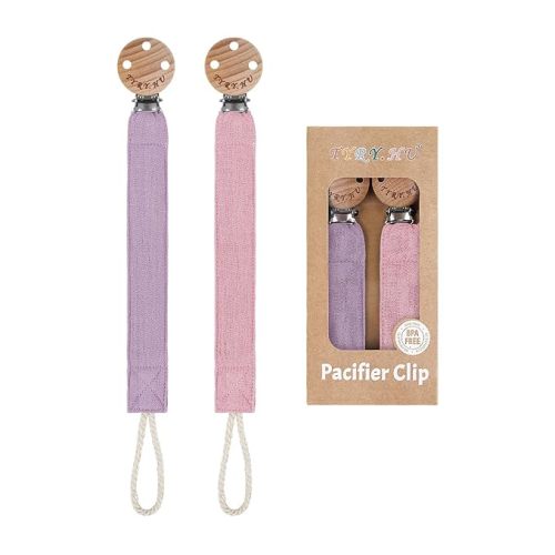 TYRY.HU Ribbon Baby Pacifier Clip Holder, Binky Paci Holder Clips, Pacifier Leash, Soft Webbing Strap, Universal Binky Leash, 2 Pack, Rose, Purple
