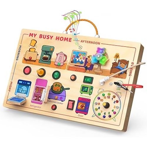 flycoost My Busy Home Montessori Busy Board for Toddlers 1-3, Wooden Sensory Activity Board with Switches, Lights, Clock, Kitchen Appliances Toys, Educational Busy Board for 1+ Year Old Boys Girls