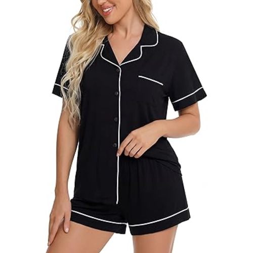 Bamboo Rayon Pajama Sets for Women, 2 Piece Short Sleeve Button Down Pjs, Soft Summer Cooling Sleepwear