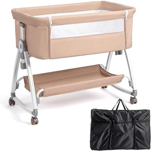 JOYMOR 3 in 1 Baby Bassinet, Bedside Bassinet for Baby, with Comfy Mattress and Wheels, 6 Height Adjustable Easy Folding Portable Bedside Crib for Newborn (Beige)