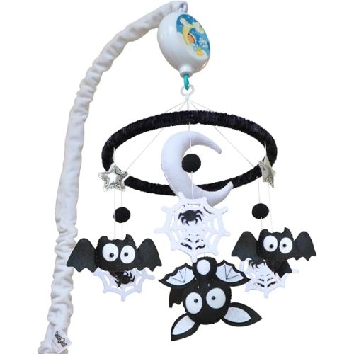 Black and White Baby Mobile for Crib | High Contrast Montessori Mobile with Bat & Spider Web | Musical Baby Crib Mobile with 12 Lullabies | Gothic Halloween Nursery Décor