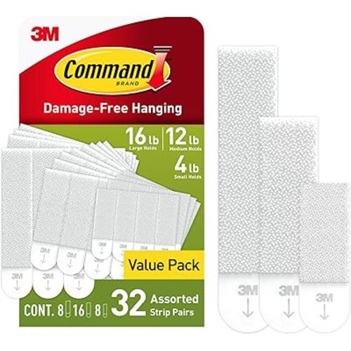 Command Picture Hanging Strips Variety Pack, Damage Free Hanging Picture Hangers, No Tools Wall Hanging Strips for Living Spaces, White, 8 Small Pairs, 16 Medium Pairs and 8 Large Pairs(64 Strips)