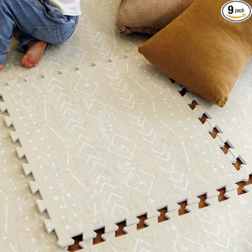 Baby Play Mat for Floor – 6x6ft Beige | Soft Non Toxic Premium EVA Foam Tiles for Tummy Time, Crawling & Playroom – Waterproof for Hard Floors Mat for Babies & Toddlers (9 Tiles)