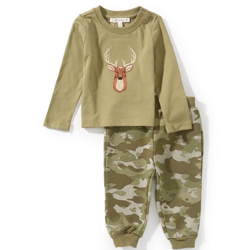 Adventurewear 360 Baby Boys Long Sleeve Deer Applique Top & Camo Pant Set