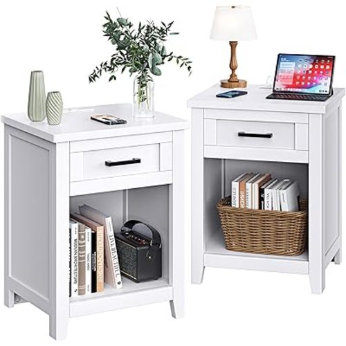 Farmhouse Nightstand with Charging Station & Large Storage, Set of 2 Modern End Tables with Outlets, USB Ports and Type-C Ports, Easy Assembly for Bedroom (Pure White)