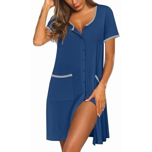Nightgowns for Women Bamboo Viscose Button Down Sleep Shirts Short Sleeve Nightshirts House Dress with Pockets
