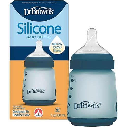 Dr. Brown's Silicone Baby Bottle with Collapsible Insert Designed to Reduce Colic, 5 oz with Wide-Neck Level 1 Slow Flow Nipple, BPA-Free, 0m+, Blue, 1-Pack