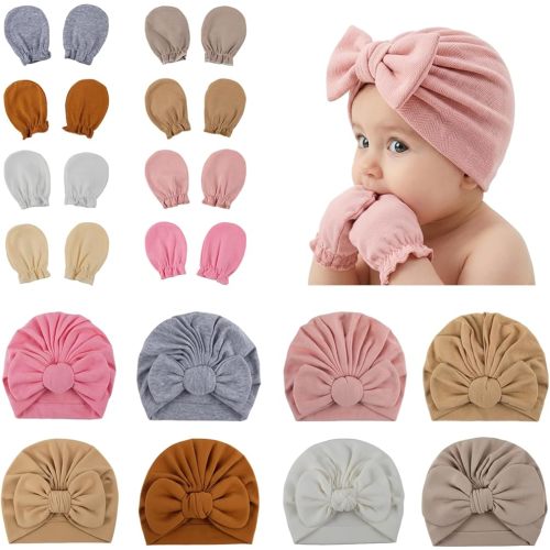8 Pcs Preemie Hats with Mittens Set for Newborn Boys Girls (3-7 lbs),Soft Cotton NICU Hospital Knot Beanie Caps for Tiny Premature Baby
