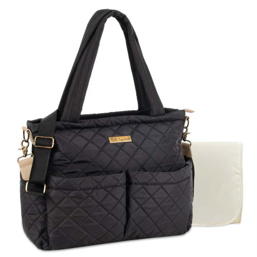 Baby Essentials 3 Piece Multi-Pocket Quilted Diaper Bag Tote with Removable Luggage Strap and Matching Changing Pad in Black