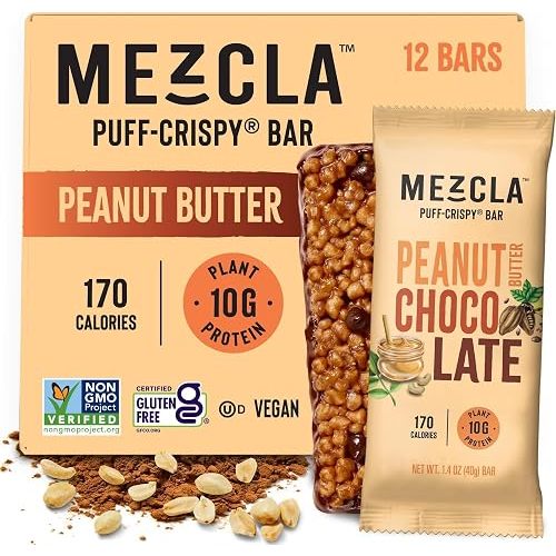 Mezcla Puff-Crispy Plant Based Protein Bars - Peanut Butter Chocolate - Healthy Snacks for Adults & Kids - Perfect School, Travel, & Office Snacks - Gluten Free, Vegan, Non GMO, 10g Protein - 12 Count