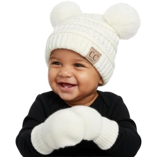 Funky Junque Baby Double Faux Fur Pom Pom Beanie & Mittens Set – Newborn Infant 0–9 Months Winter Hat with Soft Lined Mittens