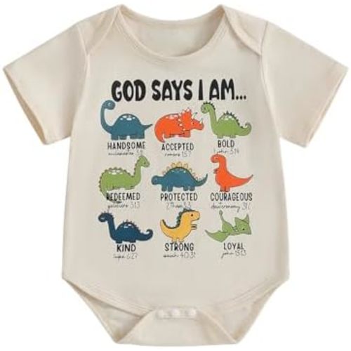 Unisex Baby Dinosaur Cothes Newborn Boys God Says I Am Funny Letter Bodysuit Shirt Baby Pregnancy Announcement Clothes