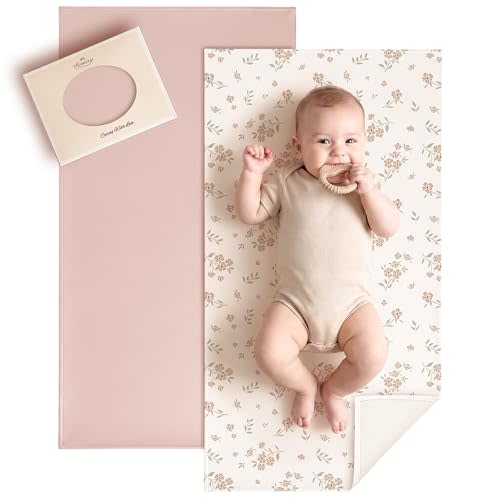 Konssy Faux Leather Waterproof Baby Changing Mat 2 Pack, Regular, 30"x17" | Wipeable & Foldable, Portable Diaper Changing Pad, Fits Diaper Bags for Travel, Home And on-The-Go Use (Blossom,Pink)