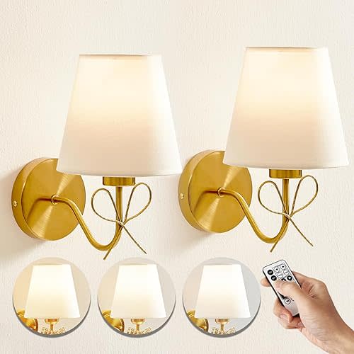 Battery Operated Wall Sconces Lights Set of Two Remote Control, Antique Brass Bow Sconces Rechargeable Battery Powered Wall Lights Dimmable LED 2700K-6000K 16 Color Temperatures