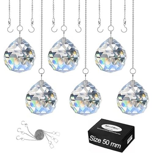 MerryNine 6 Pcs Clear Crystal Ball Prism Sun Shine Catcher Rainbow Pendants Maker, Hanging Crystals Prisms for Windows, for Feng Shui, for Gift (1.96"/50mm 6Pack)