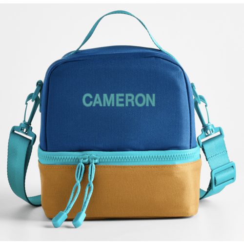Personalized Navy Blue and Ochre Colorblock Dual Compartment Soft Insulated Kids Lunch Box