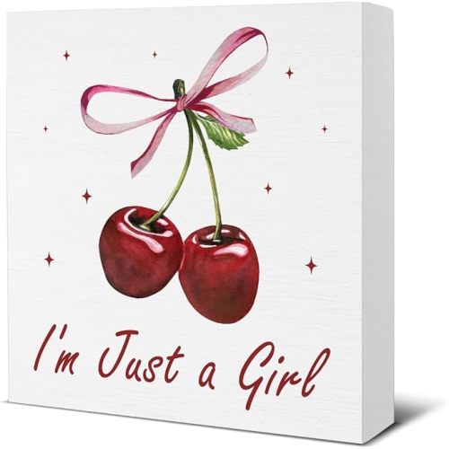 Cherry Decor - Bow Decor for Girls Room - Cherry Decoration for Home - I'm Just a Girl Wood Sign Home Girls Bedroom Nursery Dorm Desk Shelf Table Tabletop Decorations 5×5 Inches