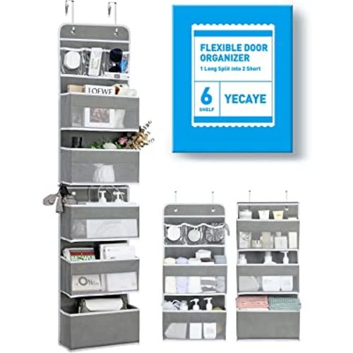 6-Shelf Over the Door Organizer, Flexible 1 Split into 2 Hanging Storage Door Organizer, Swing-proof Behind Door Organizers and Storage for Baby Nursery Bathroom Dorm Closet Pantry Camper RV, Grey