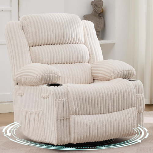 Rocking Recliner Chair with 360-Degree Swivel, Manual 90°–150° Recline, Soft Corduroy Upholstery, Cup Holders and Side Pocket, 350-Lb Capacity for Living Room, Bedroom