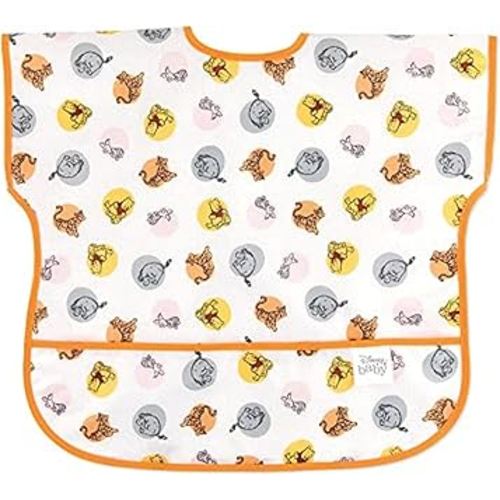Bumkins Disney Short Sleeve Bib for Girl or Boy, Toddler and Kids for 1-3 Years, Large Size, Essential Must Have for Junior Children, Eating, Mess Saving Soft Fabric Play Apron, Winnie and Friends