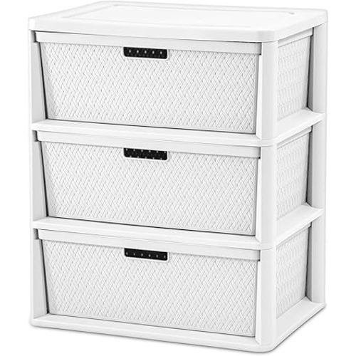 Wide 3 Drawer Cross-Weave Tower, White Versatile Storage Unit with Removable Decorative Plastic Bins, Easy Assembly for Bedroom Living Room