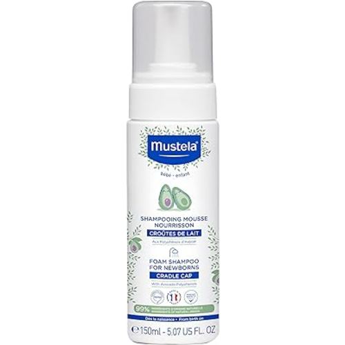 Mustela Cradle Cap Foam Shampoo for Newborn - Baby Shampoo with Natural Avocado - Tear-Free & Fragrance-Free - 5.07 fl. oz.