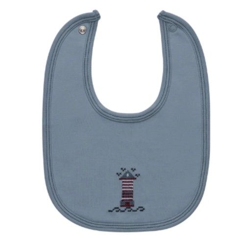 Baby Boy Bib | Ribbed Cotton | Cross Stitch Lighthouse | Aurora Classics – Ely's & Co.