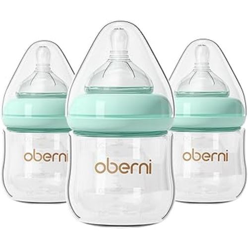 Lot de 3 biberons en verre anti-coliques pour nouveau-né de 0 à 3 mois, 120 ml, avec réponse naturelle, débit lent, tétine, bleu