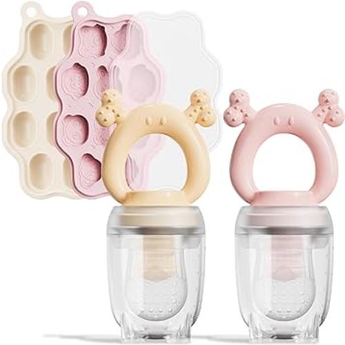 2 Pack Baby Fruit Feeder & Mini Freezer Nibble Tray Combo, Breastmilk Popsicle Molds with Baby Food Feeder, BPA Free Silicone for Teething Relief and Safe Infant Feeding (Nude & Pink)