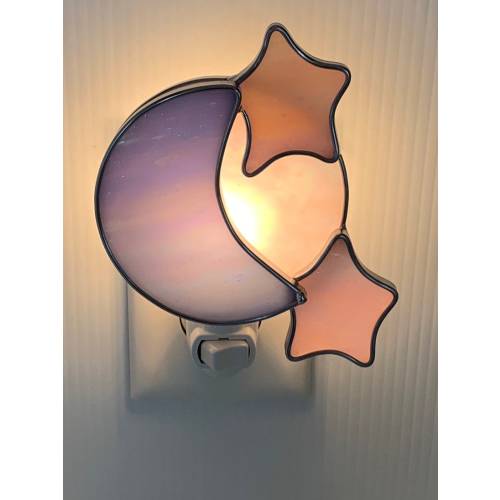 Blue Moon and Pink Stars Stained Glass Nightlight