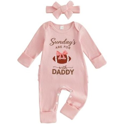 Newborn Baby Girl Football Outfit Long Sleeve Sundays Are for Football Romper Jumpsuit Headband Infant Fall Clothes