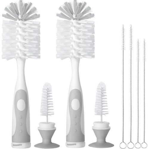 2 Pack Baby Bottle Brush with 4 Pack Straw Brushes, 10.2" Nylon Brushe with Nipple Cleaner and Stand Suction Cup (Gray)