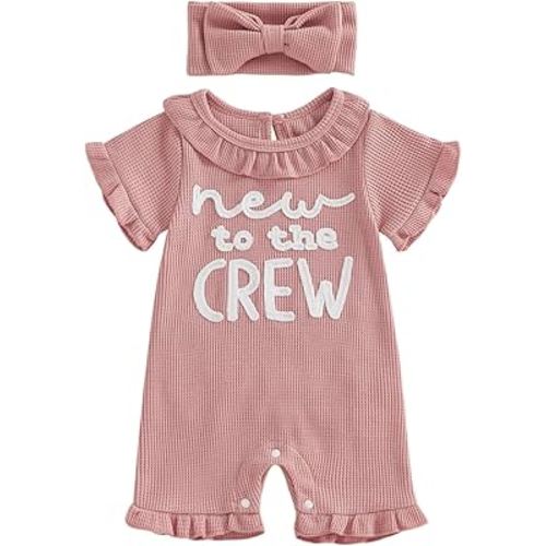 allshope Newborn Baby Girl Summer Outfit Romper Little Sister Lil Sis Embroidery Ruffle Collar Jumpsuit Infant Waffle Clothes