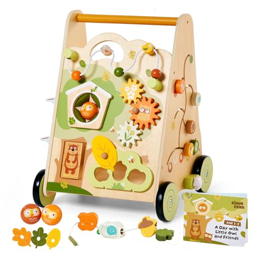 10-in-1 Wooden Baby Walker with Activity Center, Forest Montessori Push Toy for Toddlers 1–3, Bead Maze, Shape Sorter, Gears, Puzzles Fine-Motor Learning, Speed Adjustable Wood Walker for First Steps
