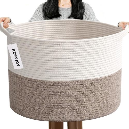 Large Woven Blanket Basket,65L Cotton Rope Laundry Basket Hamper with Handles, Decorative Nursery Basket Storage Bin for Toys, Clothes Organizer, Living Room, Bedroom, Bathroom, White & Brown