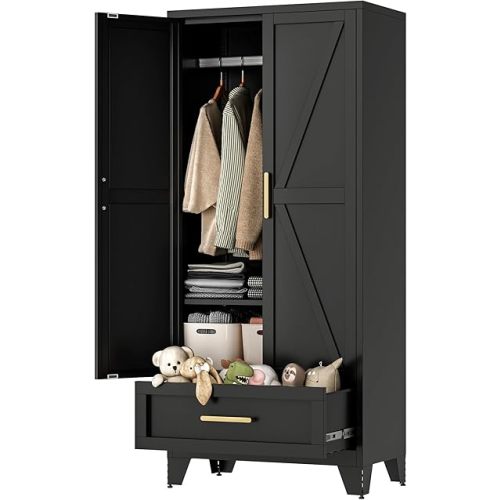 LCAOPC 71" Tall Metal Wardrobe Cabinet with Drawer and Hanging Rod, 2 Doors Armoire Wardrobe Closet with Shelf for Bedroom, Office, Laundry Room, Black