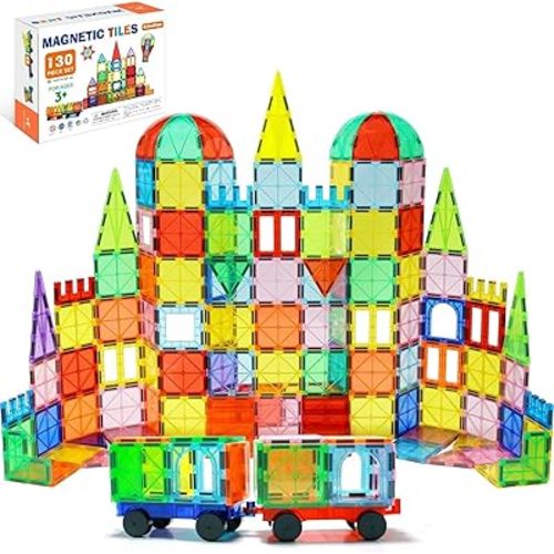 EchoPlan Magnetic Tiles, 130PCS Magnetic Blocks with 2 Cars, Magnet Tiles 3D Clear Building Blocks Set, STEM Sensory Educational Toys Gift for Toddlers Kids Boys 3 4 5 6 7 8 9+ Year Old