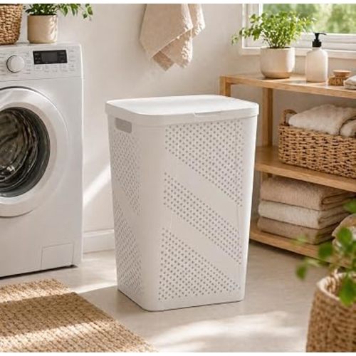24 Inch Rectangle Plastic Laundry Hamper with Hinged Lid, Clothes Basket